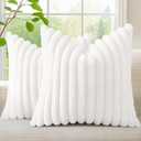 decorUhome Cozy Faux Fur Spring Throw Pillow Covers 20x20 Set of 2 Decorative Soft Plush Striped Modern Farmhouse Boho Couch Pillow Cases with Velvet Back for Sofa Bed Living Room, White
