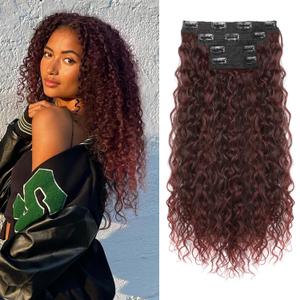 Clip in Hair Extensions, FLUFYMOOZ 4PC 100 Pure Protein Silk Hair Extensions Long Soft Natural Hairpiece 20 Inch Curly Hair Extension for Women (Wine Red)
