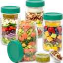 EDELHAUS 4 Pack Glass Salad Jars with Lids for Meal Prep, Leakproof Container with Two Small Built in Cups for Wet/Dry Separation for Salad Dressing and Ingredients, 32oz Mason Jars (Dark Green)