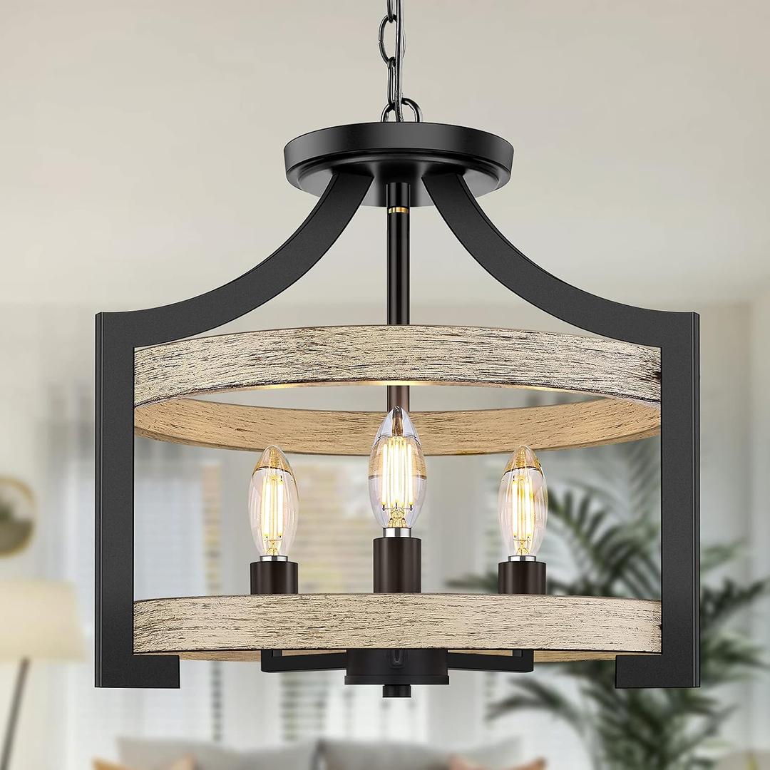 3-Light Farmhouse Chandelier, 14.5 Pendant Hanging Lighting Adjustable Height, Convertible Vintage Semi Flush Mount Ceiling Light Fixture, Rustic Chandeliers for Dining Room Foyer Entryway Kitchen