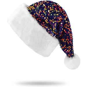 BELISHMIE Golden Sparkling Sequin Santa Hat for Adults Christmas Holiday Party Accessory, Plush Fur Trim, Festival Headwear (Blue)