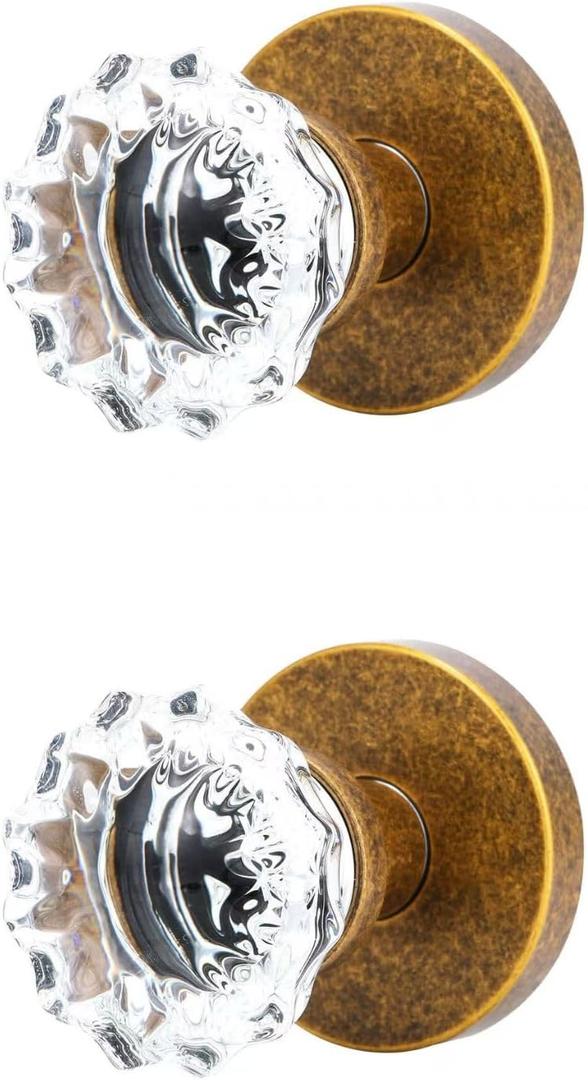 Glass Crystal Decorative Door Knobs (2 Pack, Aged Brass, Dummy) | Vintage Antique Round Door Lever Interior Door Handle Single Sided Non-Turning for Hall Closet