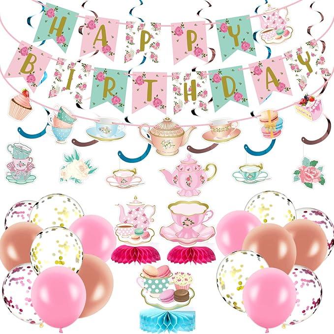 Panelee 33 Pcs Tea Party Birthday Decorations with Floral Happy Birthday Banner,Teapot Banners, Teapot Honeycomb Centerpieces,Hanging Swirl,Colorful Balloons for Girls Tea Party Supplies