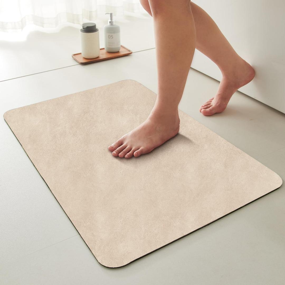 Bathroom Mat Quick Dry, Bathroom Rugs Non Slip Washable Thin Absorbent Bath Mat Fits Under Door Bathroom Floor Mat Perfect for Bath, Shower, or Sink 20"x30" Beige (1'8" x 2'6" (Rectangular))