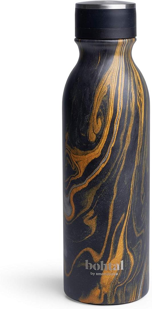 Smartshake Bohtal Double Insulated Flask Water Bottle - 600ml - 20 fl oz Stainless Steel Metal Water Bottle for Hot & Cold Drinks - BPA Free - Thermo Vacuum Metal Drinking Bottle - Black Marble