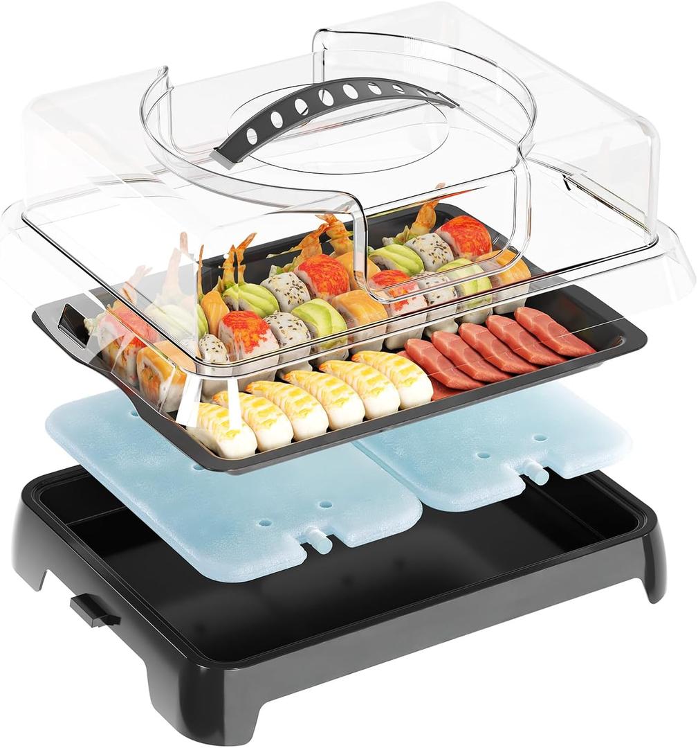 Chilled Portable Serving Tray Platterbox with Reusable Ice Pack with Lid Shrimp Cocktail Serving Dish Platter Cold Food Buffet Server for Appetizer Veggie Fruit Food Parties Outdoor Picnic, Black