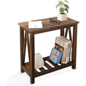 End Side Table with Storage Shelf Rectangle Narrow Nightstand Console Tables Brown Smooth End Table for Small Spaces Industrial Accent Side Table for Living Room Bathroom Bedroom, 24 inches x 12 inches x 24 inches