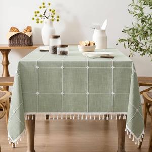 ZeeMart Boho Grid Table Cloth with Tassels (Sage Green, 60" x 84"), Heavy Weight Linen Checked Embroidered Farmhouse Tablecloth, Water Resistant Rectangle Green Tablecloths (84" x 60" (Rectangular), Tassel/Green)