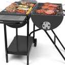 Double Charcoal Barrel Grill with Two Side Shelf, Large Stainless Steel Grill For Backyard Camping Picnic and Party