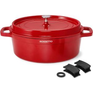 ROSSETTO 5.5QT Oval Dutch Oven Pot with Lid, Ceramic Dutch Oven with Silicone Assist Handle Holder, Dishwasher Safe, Oven Safe up to 450 F, Non-Stick & Non-Toxic Bread Dutch Oven with Lid for Baking,Brasing, Soups, Red