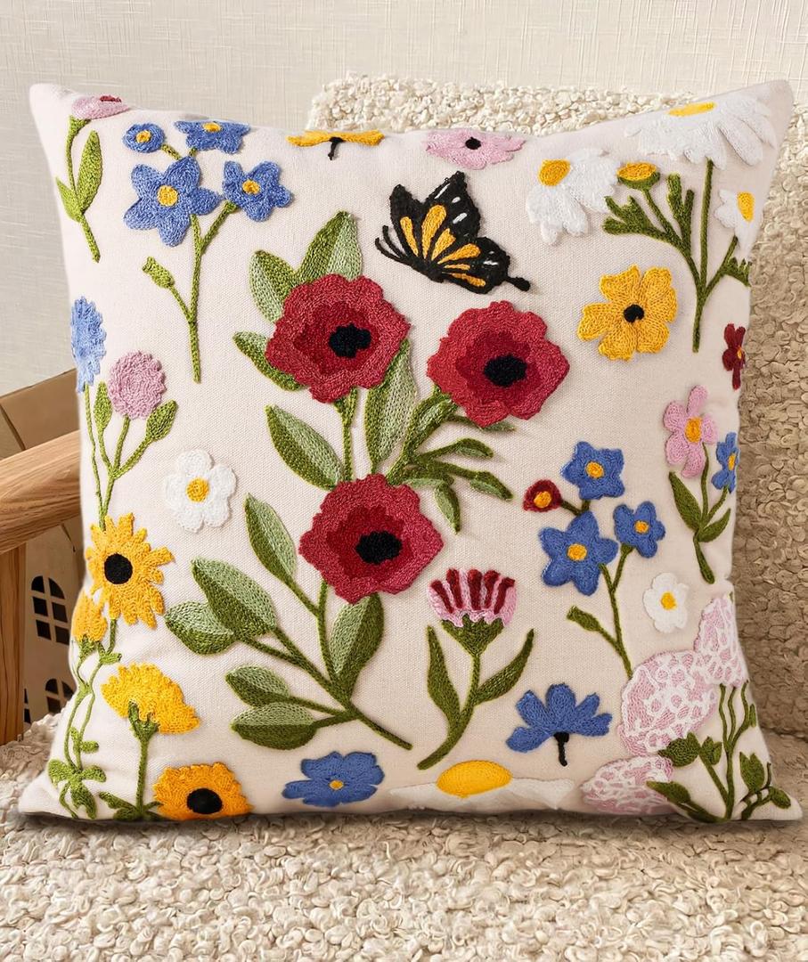 Embroidered Throw Pillow Cover 20x20 Inch - Spring Summer Boho Decorative Pillow Cover with Zipper for Living Room Couch Sofa Bed Aesthetic Design Retro Flower Cushion Pillowcase
