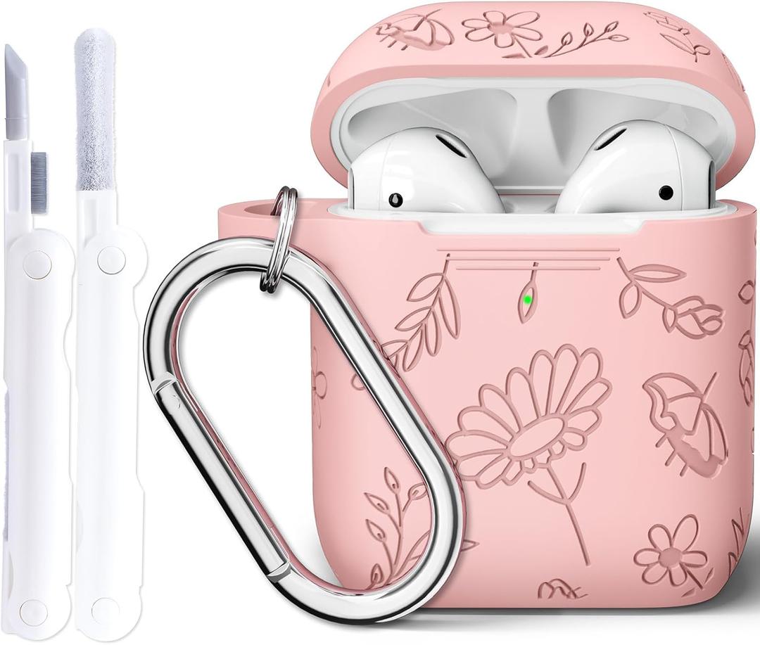 Case Cover for Airpods Case, Flower Engraved Protective Cases for Apple Airpod 2/1 Skin Covers with Keychain and Clean Kit for Women Girls, Pink Flower