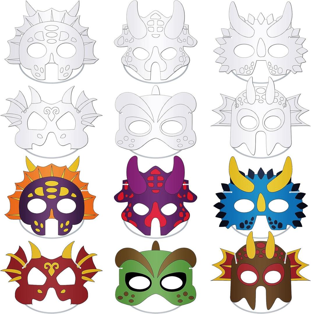 Woanger 36 Pcs Color Your Own Dinosaur Masks DIY Paper Masks Craft with Elastic Ropes for Cos Dinosaur Birthday Party Favors