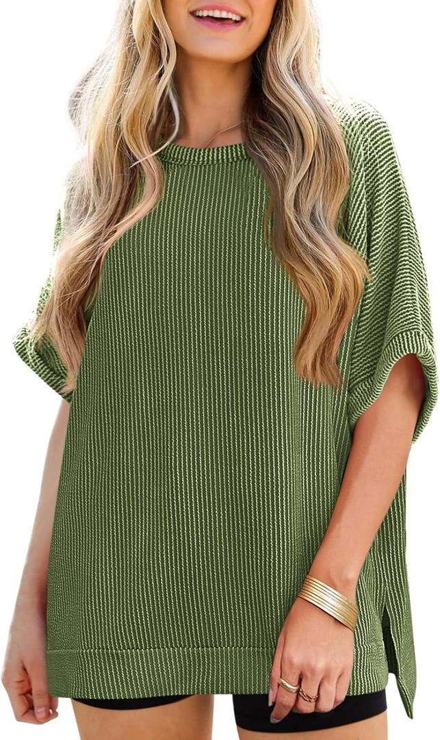 Tankaneo Womens Oversized T Shirts Summer Casual Ribbed Batwing Short Sleeve Tunic Tops Loose Fit Dolman Sleeve Tees (Small, Army Green)