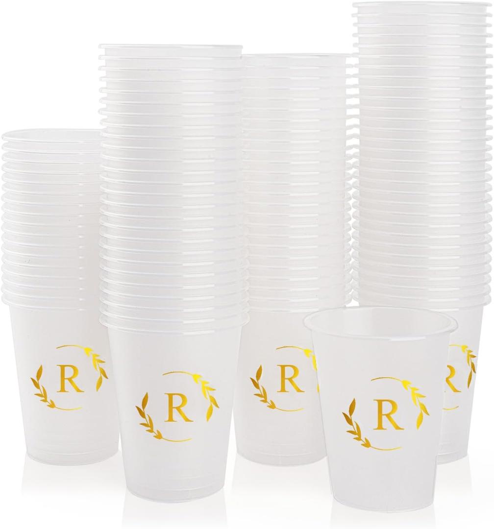 100 Monogrammed Cups Disposable Initial Plastic Cup 12 oz Wedding Personalized Cup for Wedding Reception Baby Shower Birthday Party(Letter R)