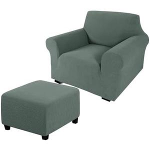 LUCOJET Jacquard Armchair and Ottoman Slipcover Set, Armchair Sofa Covers Chair Couch Covers Furniture Protector Couch Soft for Living Room (Matcha Green)
