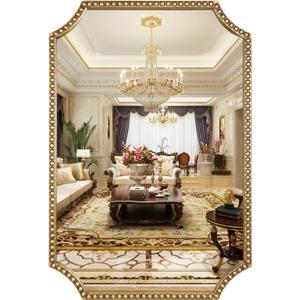 30"x40" Mirror for Wall, Full Scalloped Corners Rectangle Decorative Mirror, Metal Beaded Frame Accent Wall Decor for Bathroom, Entryway, Mantel, Antique Gold