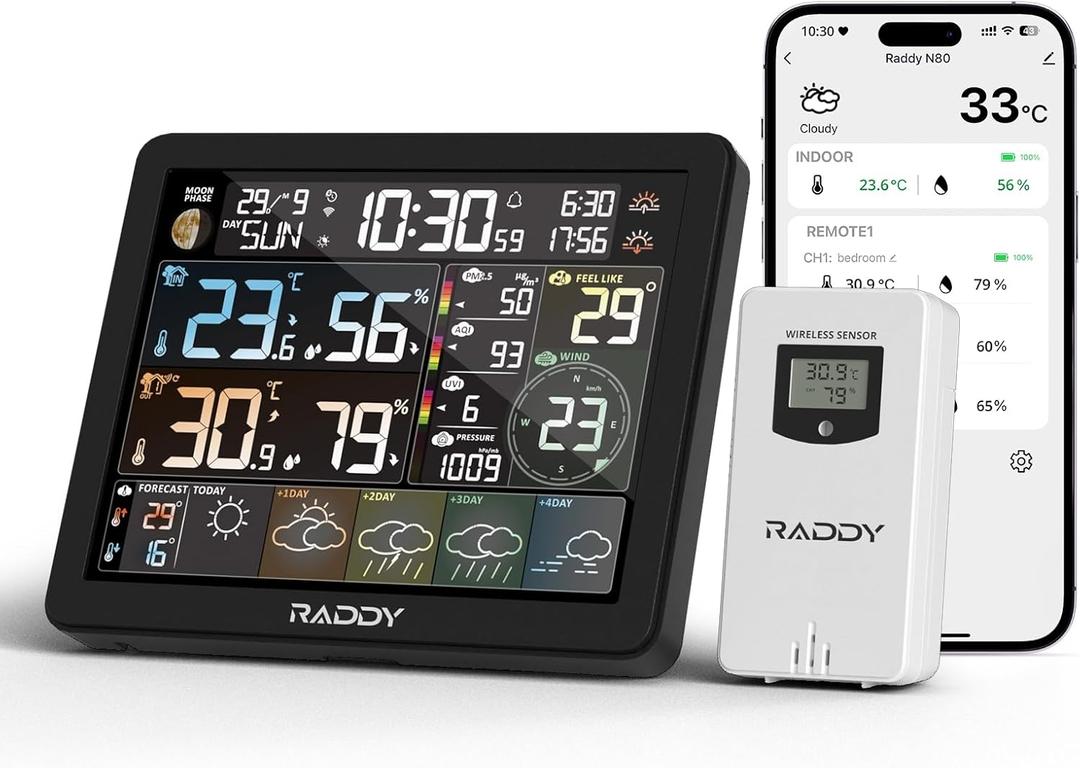 Raddy N80 Smart Wi-Fi Weather Station with APP Control, Indoor Outdoor Thermometer Wireless with 8 Inch Large Display, Sunset/Sunrise Time, PM2.5/AQI, UV Index, 4 Alarm Clock