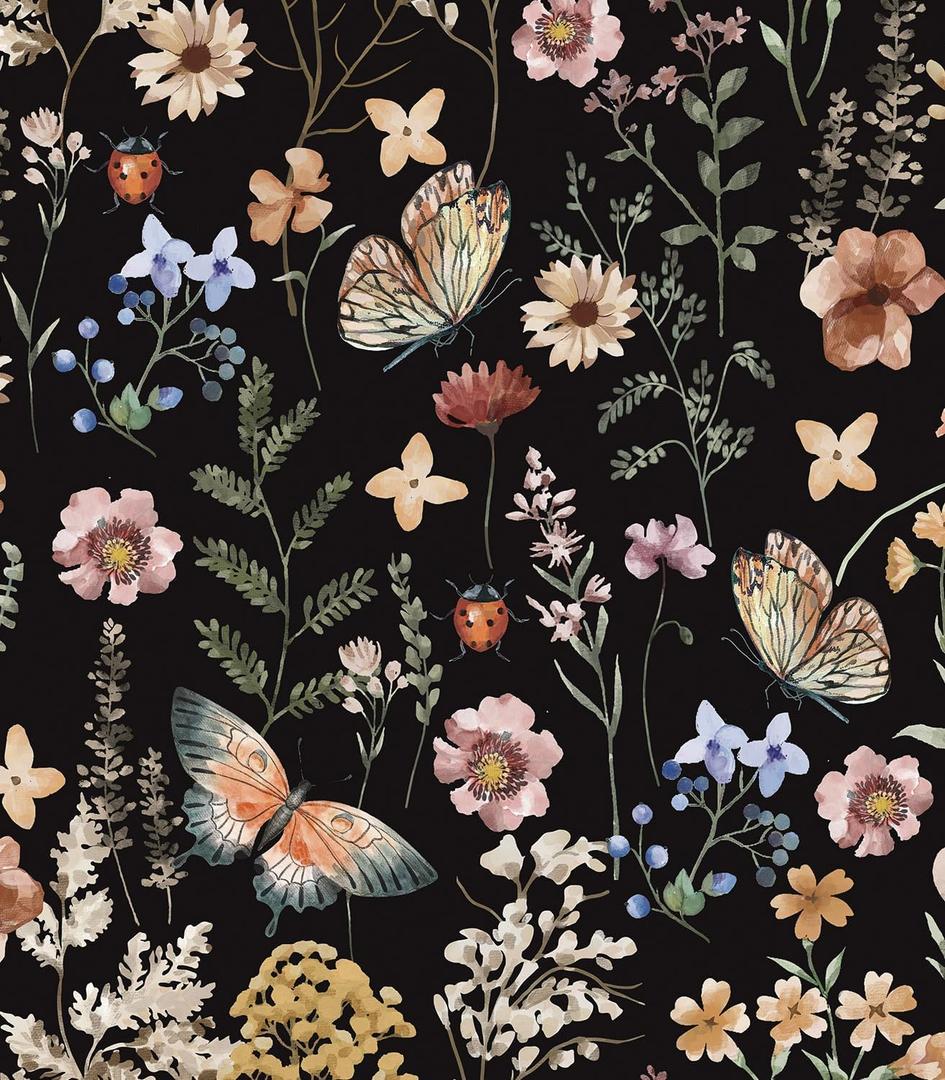 Timeet Peel and Stick Wallpaper Vintage Floral Wallpaper Butterfly Flower Wall Decor Bedroom Self Adhesive Removable Wallpaper 16.14" x196.8" Vinyl Roll (Black/Multicolor)