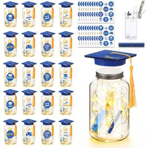 20 Sets 2026 Graduation Table Decoration with LED Lights, Mason Jar Graduation Centerpieces for Tables with Class of 2026 Felt Cap, Paper Roll, Stickers, College High School Grad Party Gifts(Blue)