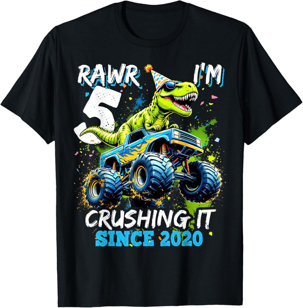 5th Birthday Monster Truck Dinosaur Party Boys Rawr I'm 5 T-Shirt, Black , Medium 
