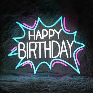 Happy Birthday Neon Sign Dimmable Celebrate Birthday Neon Light Powered by USB Gleaming LED Happy Birthday Lignt Up Sign for Birthday Paty Decoration Bedroom Birthday Gifts(16.7*12.8) (White Ice Blue Pink)