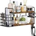 3-in-1 Wall Mounted Hair Dryer Holder with 2 Tier Shelves & Detachable Basket, Space Saving Organizer for Bathroom, Kitchen, Bedroom, Rust-Resistant, Easy Install (Rustic Brown)