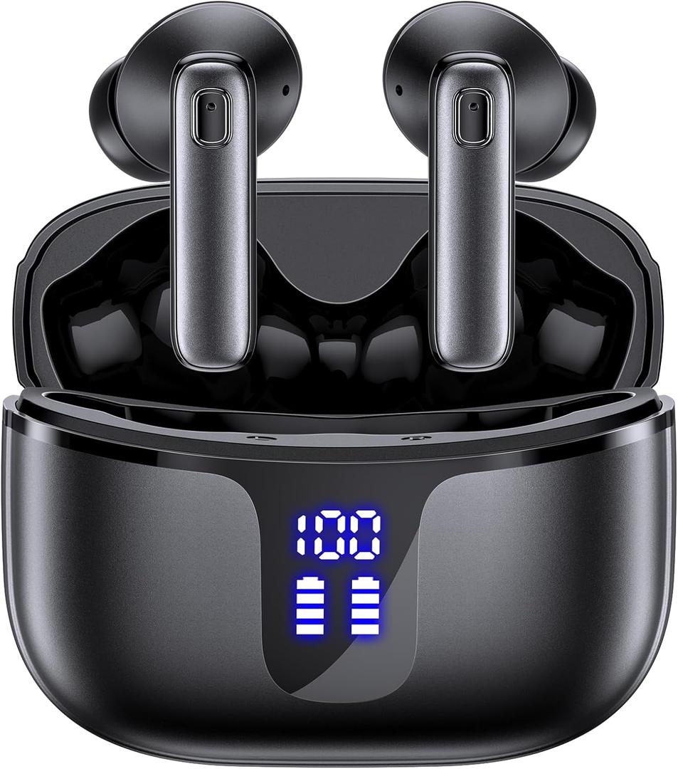 Wireless Earbuds Bluetooth 5.3 Headphones HiFi Stereo Deep Bass Ear Buds 68H Long Playtime Earphones with LED Display Charging Case IPX7 Waterproof for Phones Tablets Laptops Sports Black