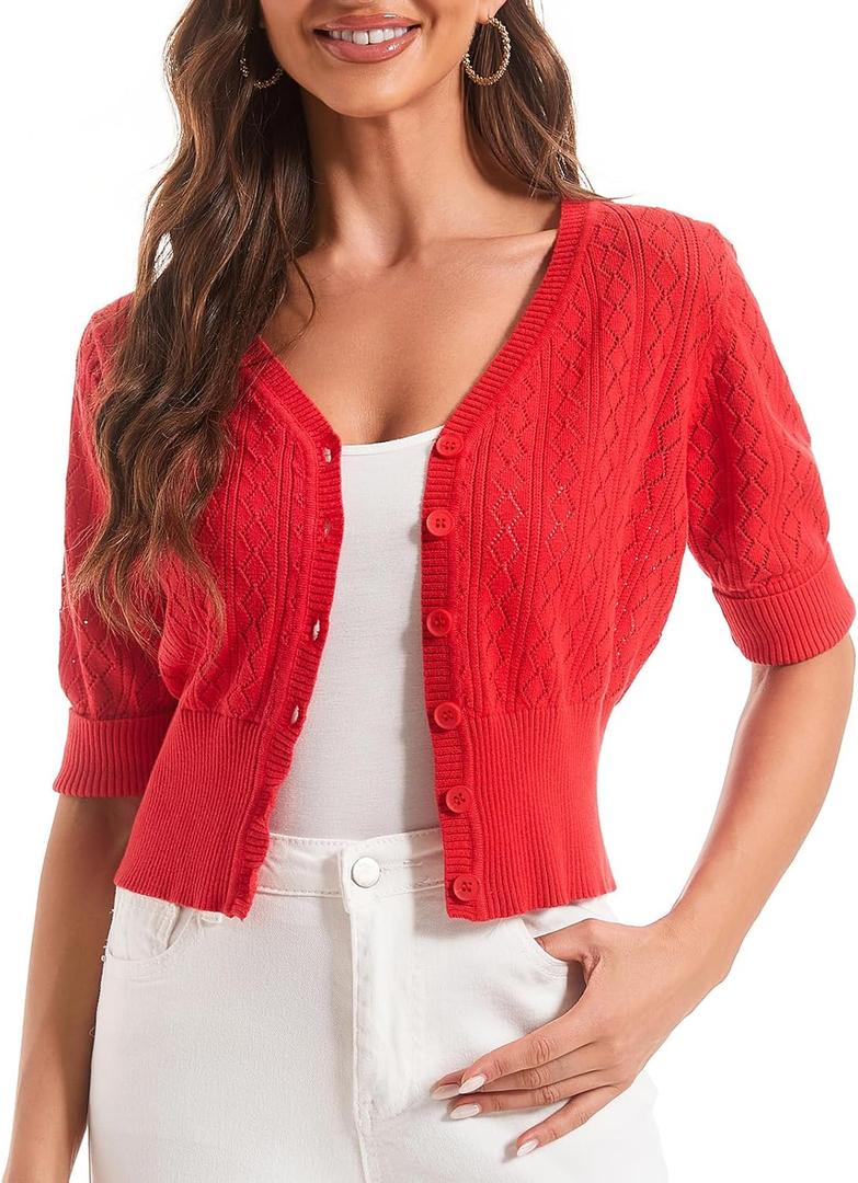 Women's Cotton Cropped Cardigan, Soft Short Sleeve V-Neck Casual Lightweight Cover Up Knit Sweater for Dresses (Red, XXL)