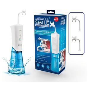 Ontel Miracle Smile Water Flosser for Teeth&Gum Health, Unique H-Shaped Flossing Head&4 Water Jets, Cordless Water Flosser Features 360° Cleaning&3 Pressure Modes, USB Rechargeable Dental Floss, White
