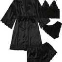 WDIRARA Women' Silk Satin Pajamas Set 4pcs Lingerie Floral Lace Cami Sleepwear with Robe (Medium, Black Belted)