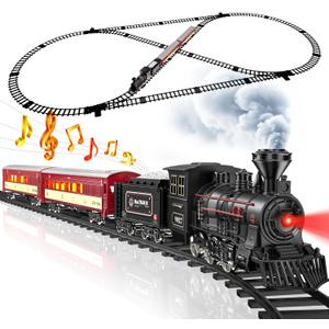 Hot Bee Train Set - Metal Train Toys with Luxury Tracks and Glowing Passenger, Christmas Train Sets for Around The Tree with Smokes, Lights & Sound, Toy Train Set for 3 4 5 6 7+ Years Old Boys Gifts
