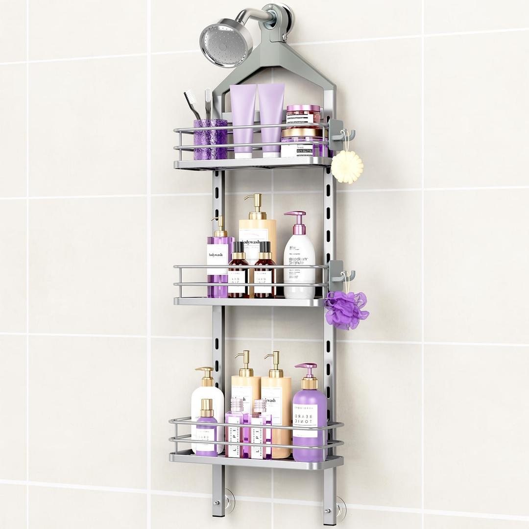 ODesign 3 Tier Height-Adjustable Shower Caddy Hanging Anti-Swing-Over The Shower Head Caddy-Storage Organizer Bathroom Shelves Basket Rack-Silver