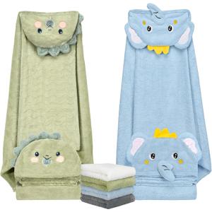 6 PCS Toddler Bath Towel Set for Boy Girl 0-5 Year, 2 PCS Thick Absorbent Hooded Baby Bath Towels Large 55" x 27.5" & 4 PCS Washcloths, Ultra Soft Gifts for Infant, Toddler, Kids, Dinosaur & Elephant