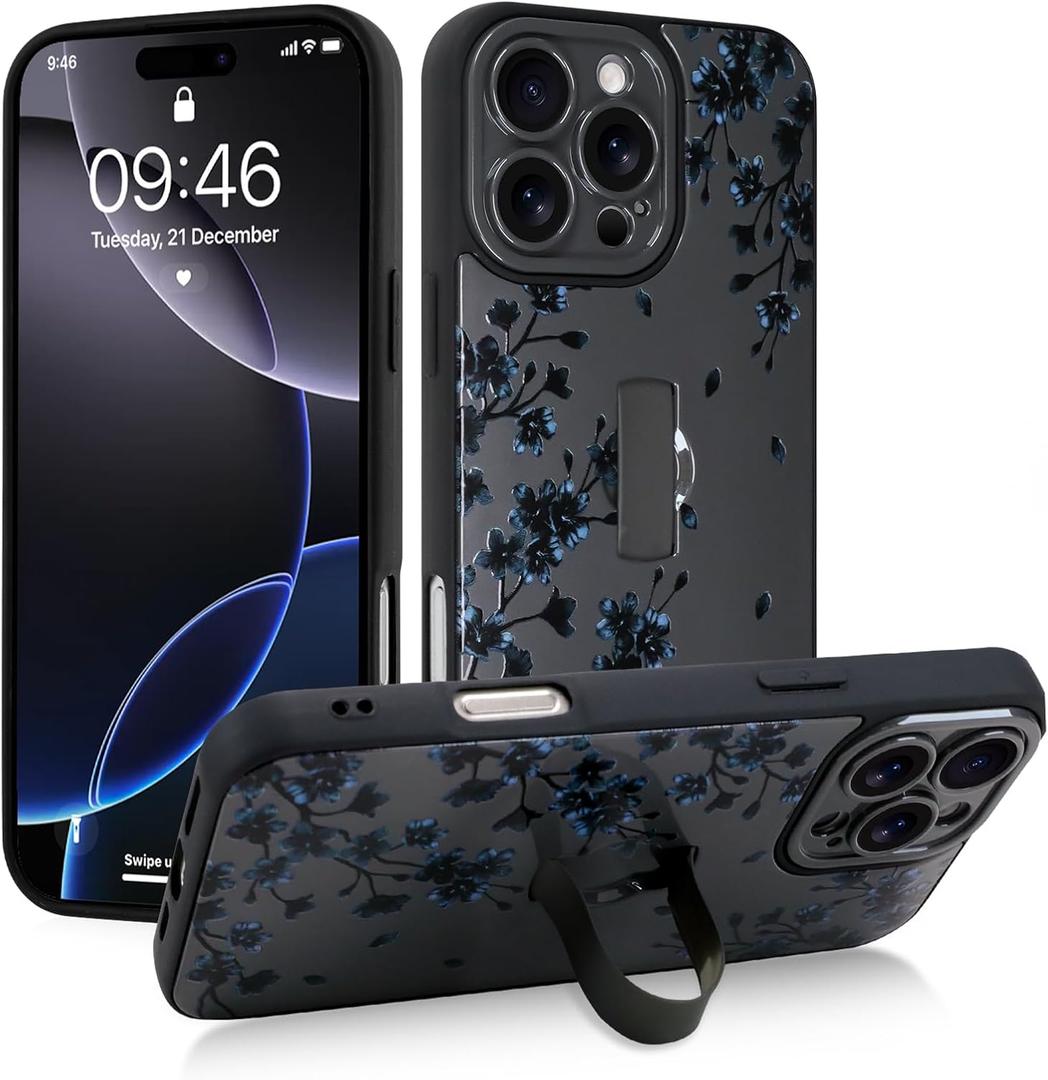 Gukalong Phone Case for iPhone 16 Pro Max 6.9 Inch Black Floral Flowers Cherry Blossom Slim Phone Cover with Strap Stand Heavy Duty Shockproof Protective Anti-Scratch Kickstand Case for Women