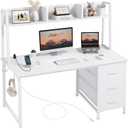 DLisiting White Computer Desk with Hutch & Drawers - 47 Inch Modern Study Writing Office Desk with 3 Storage Drawers and Power Outlets for Bedroom Home Office, 47.2"
