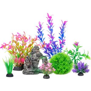 Ameliade Aquarium Artificial Plastic Plants Decorations and Rock Cave Decor Set Goldfish Betta Fish Tank Accessories Small Large Fish Bowl Ornaments