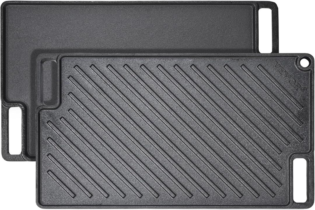 VEVOR Reversible Grill/Griddle, 9.7"x16.7" Pre-Seasoned Cast Iron Griddle, Rectangular Double Burner Griddle Pan, Non-Stick Family Pan Cookware with Handles, Flat Top Plate for BBQ, Gas Grill, Black