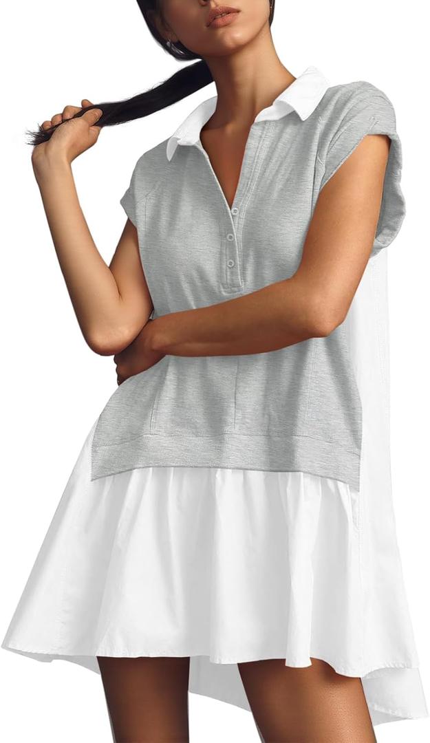 Fisoew Womens Summer Sweatshirt Dresses Short Sleeve V Neck Casual Oversized Patchwork Mini Dress (Medium, Grey)