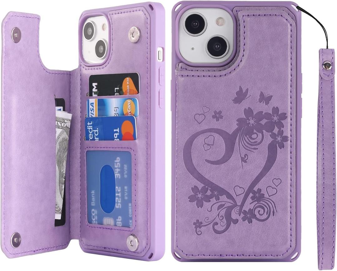 iCoverCase Compatible with iPhone 14 Plus Wallet Phone Case with Card Holder for Women, RFID Blocking Embossed PU Leather Wrist Strap Case 6.7 Inch (Heart Purple)