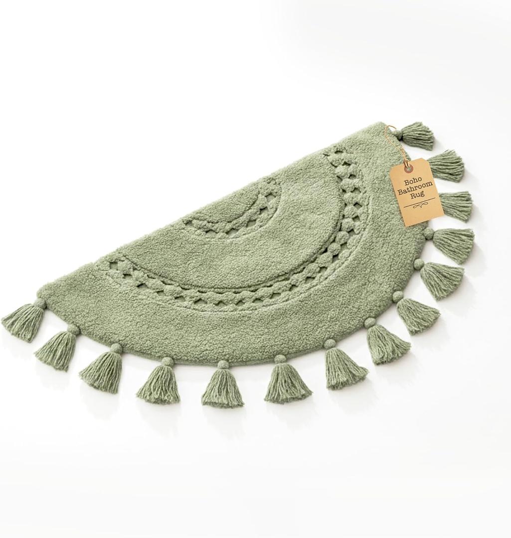 Boho Bathroom Rugs - Half Circle Cotton Mat with Crochet Insert and Tassels - Non-Slip Decorative Bohemian Rug for Bathroom, Bedroom or Entryway - Sage Green 42x22 Soft Machine Washable Accent Rug