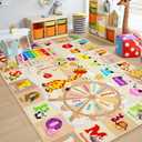 Chicrug Educational Kid Area Rug for Playroom, 6x9 Feet TPR Non Slip Kids Classroom Carpet Rug for Learning ABC Animal, Shape Color Fruit, Washable Play Mat Rug for Children Nursery Toddler Room Decor (Camel)