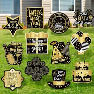 Amyhill 12 Pcs Happy New Year Outdoor Yard Decoration New Year Garden Lawn Signs with Stakes Holiday Waterproof Outdoor Decoration for Patio Lawn Walkway Party Decorations