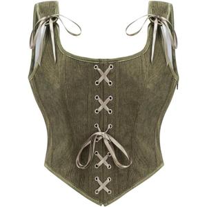 Dreay Womens Vintage Grommet Lace Up Tie Front Corset Bustier Shapewear Top Renaissance Corset Tops for Women (Green, S)