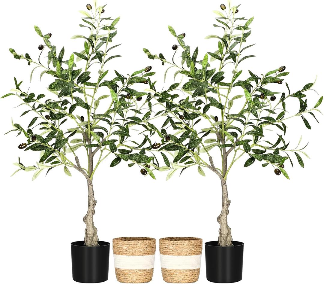 Riceshoot 2 Packs Artificial Olive Tree 3 ft Indoor Faux Olive Tree Tall Fake Silk Plant Potted with Handmade Woven Basket Arbol Artificial for Modern Home Office Living Room Garden Decor