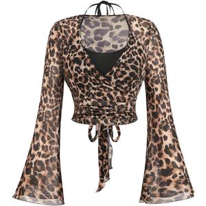 WDIRARA Women's Plus Size Leopard Halter Tops Mesh Long Bell Sleeve Tie Back T Shirts, 4XL