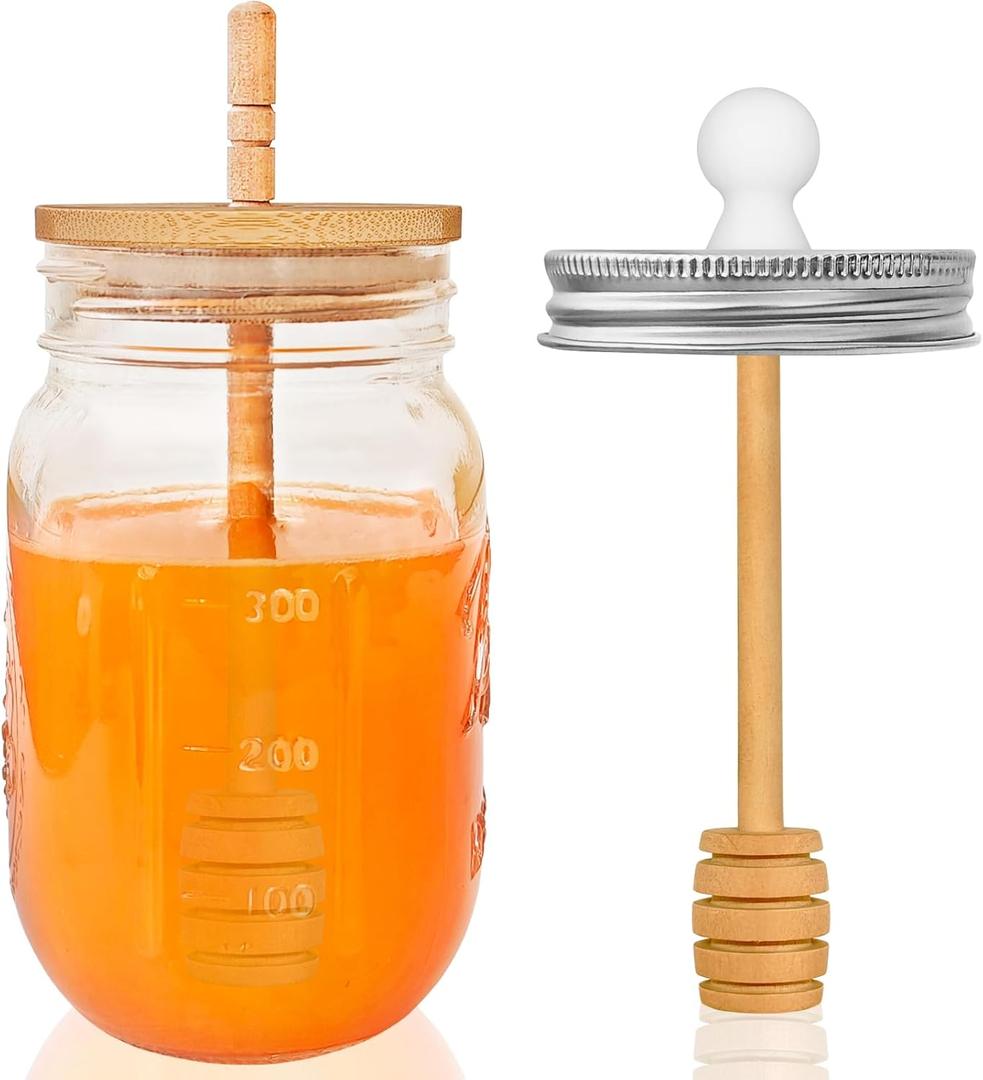 Qinsihwn 16 Oz Glass Honey Jar with Dipper,Glass Honey Pot with Lid,Mason Jar with Wooden Dipper,Wide Mouth Honey Containers for Airtight Syrup,Kitchen,Home