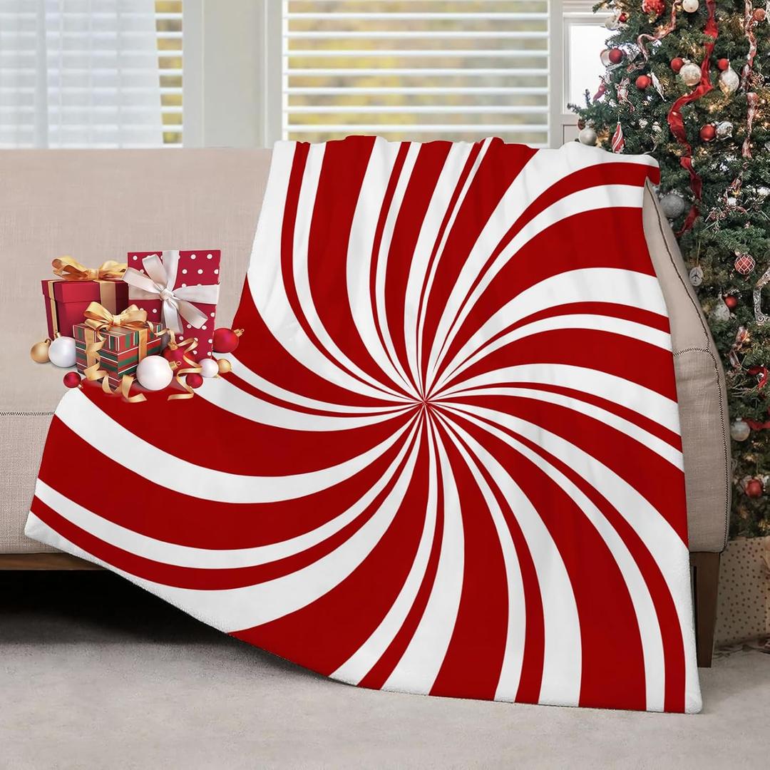 Red Swirl Christmas Throw Blankets Sweet Candy Cane Double Swirl Red and White Throw Blanket Soft Warm Cozy Flannel Blanket for Bedroom Living Rooms Couch Sofa Bed Home Decor 40x50 Inch