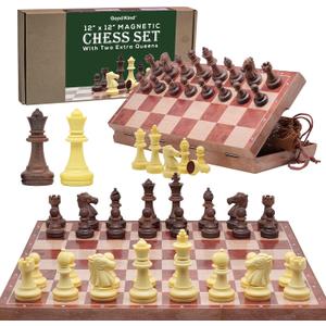 Magnetic Travel Chess Set for Kids and Adults. Portable 12" x 12" Chess Board Game for Beginner & Advance Players. Chess Sets for Adults with 2 Extra Queens & 2 Storage Bags for Chess Pieces.