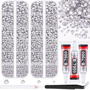 12100Pcs Silver Clear Rhinestones for Crafting with B7000 Jewelry Glue, 2 Boxes Resin Flatback Crystals Diamonds for Bedazzling Crafts DIY Clothing ShoesGems for Nail Art Makeup (2 Small Pack + 3Pcs Glue)